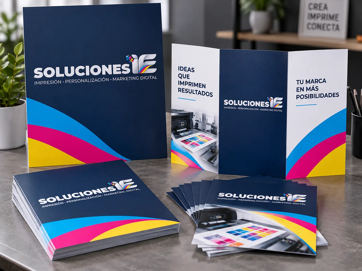 Mockup de folletos personalizado con el logo de Soluciones IE