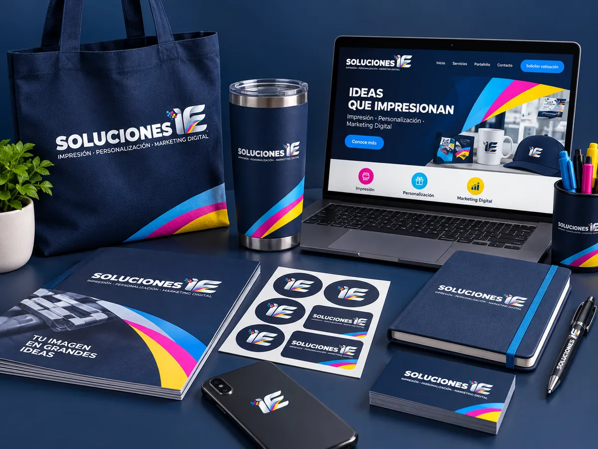 Productos personalizados con el logo de Soluciones IE y una página web en una laptop
